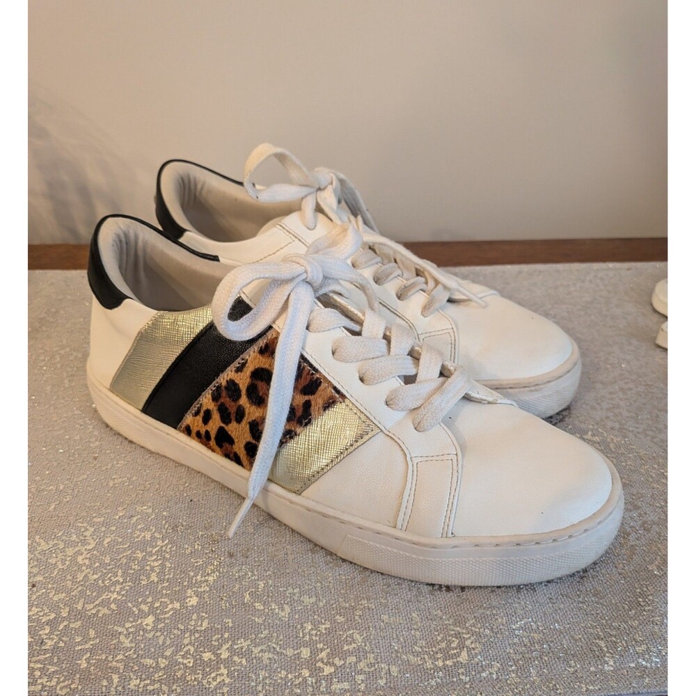 Steve Madden Sneakers Women's 7.5 Fone Gold Multi White Leopard Shoes Athleisure